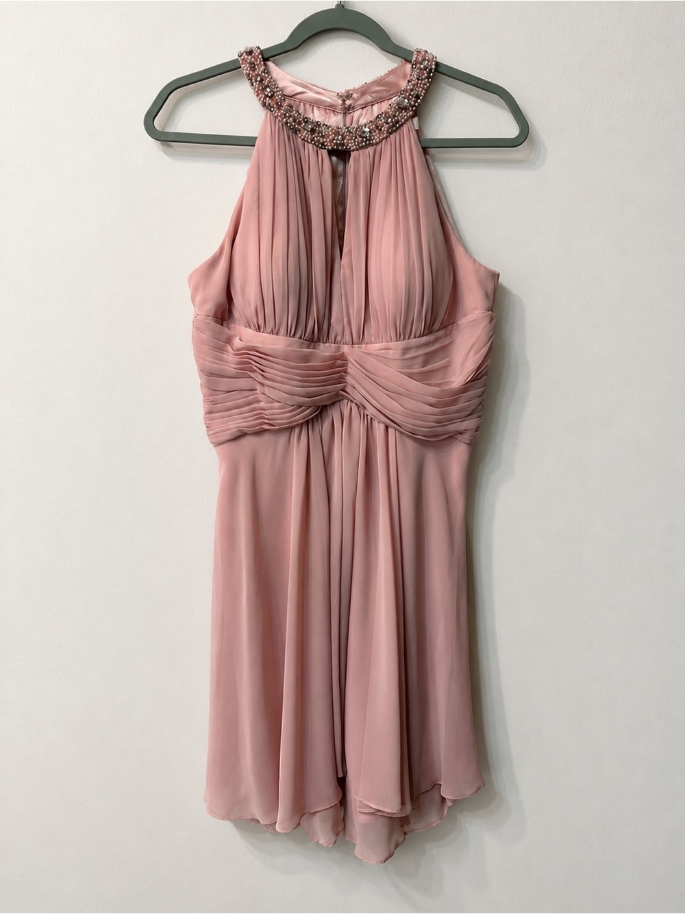 Eliza J Pink Halter A-Line Dress Beaded Neck Chiffon Lined Knee Length 8